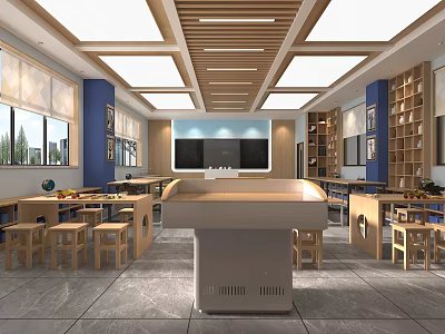 School Classroom Interior With Wooden Tables Stools Blue Walls Bookshelves And Lectern 3d model