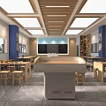 School Classroom Interior With Wooden Tables Stools Blue Walls Bookshelves And Lectern