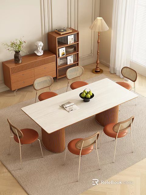 Warm Cozy Natural Dining Room With Wood Base Dining Table And Rattan Backrest Comfortable Chairs 3d model 