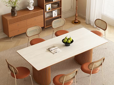 Warm Cozy Natural Dining Room With Wood Base Dining Table And Rattan Backrest Comfortable Chairs 3d model