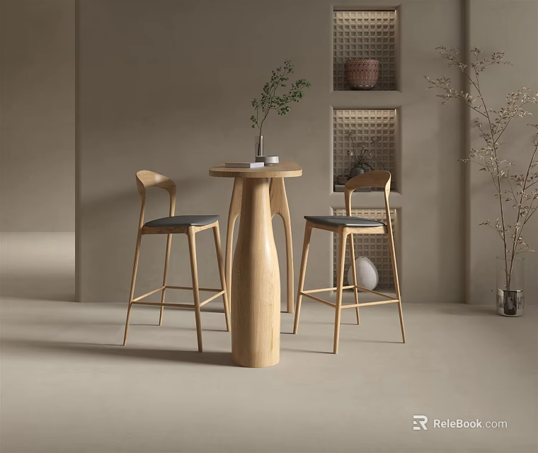 Modern Wooden Bar Counter With Two Bar Stools Plant And Wall Decor In Light Room 3d model 