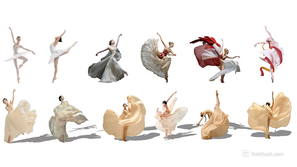 Women Dancing in Flowing Dresses with Elegant Ballet Poses and Graceful Movements 3d model 