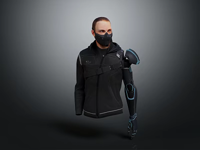 Human Character In Black Hooded Jacket With Black Mask And Mechanical Arm With Blue Details 3d model