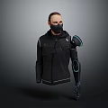 Human Character In Black Hooded Jacket With Black Mask And Mechanical Arm With Blue Details