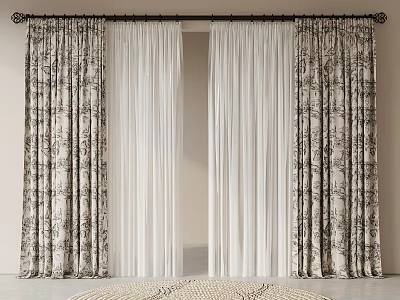 Floral Pattern Curtains With White Sheer Layers Black Rod Light Wall And Woven Rug 3d model