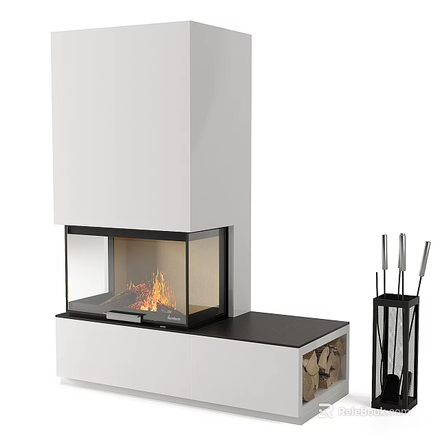 Modern White Fireplace Interior Design With Flames And Wood Storage 3d model