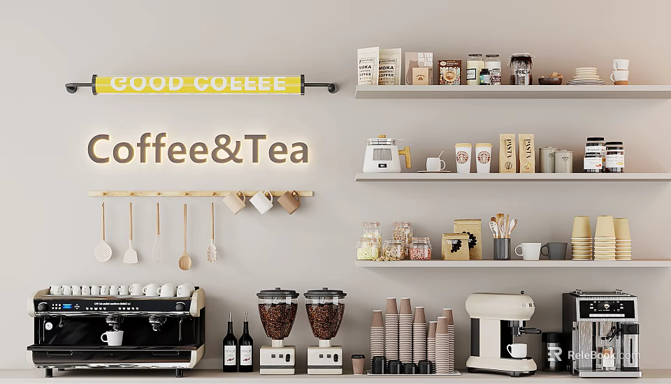 Kitchen Utensils Hanging With Coffee Appliances In Modern Café Kitchen 3d model 