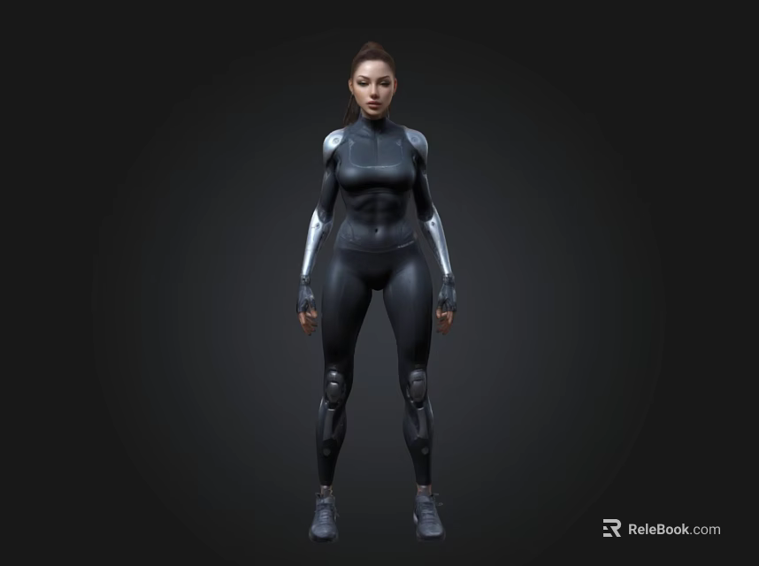 3D Female Character in Black Tight Combat Suit With Silver Armor Standing on Dark Background 3d model 