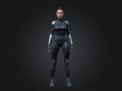 3D Female Character in Black Tight Combat Suit With Silver Armor Standing on Dark Background 3d model