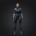 3D Female Character in Black Tight Combat Suit With Silver Armor Standing on Dark Background