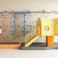 Children's Play Area With Colorful Climbing Wall Yellow Playhouse Staircase Trampoline And Slide