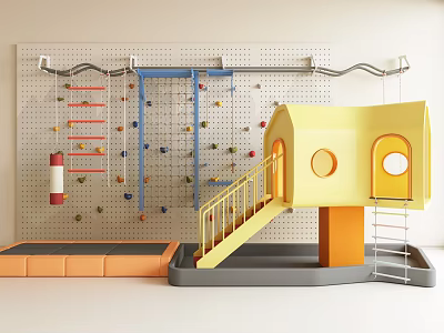 Children's Play Area With Colorful Climbing Wall Yellow Playhouse Staircase Trampoline And Slide 3d model