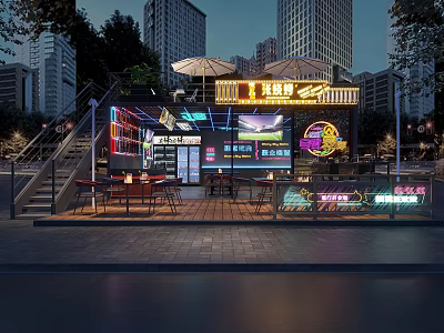 Night View Outdoor Restaurant With Neon Signs Tables Umbrellas And City Skyline 3d model