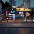 Night View Outdoor Restaurant With Neon Signs Tables Umbrellas And City Skyline