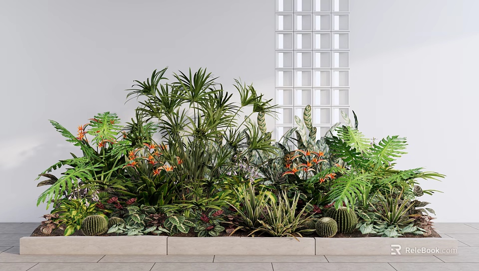 Diverse Indoor Plant Combination With Tropical Leaves Ferns Cacti And Orange Blooms 3d model 