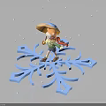 Cartoon Character In Mushroom Hat And Red Scarf Standing On Blue Snowflake With Falling Snowflakes