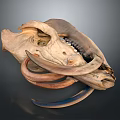 Detailed Animal Skull With Curved Tusks And Bone Structure On Dark Background