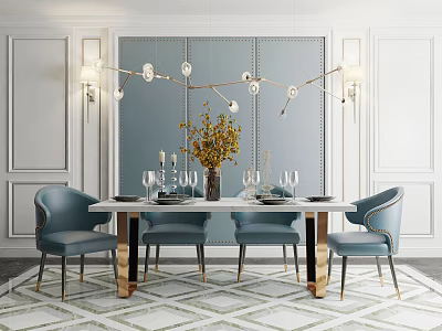 Elegant Modern Dining Table Set With Blue Chairs Gold Legs And Yellow Flower Vase 3d model
