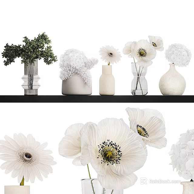 Glass And Ceramic Vases With White Daisies Poppies And Green Foliage On Black Shelf 3d model 