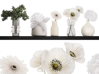 Glass And Ceramic Vases With White Daisies Poppies And Green Foliage On Black Shelf 3d model