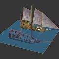 Wooden Model Sailing Ship With White Sails And Blue Steamship On Blue Platform