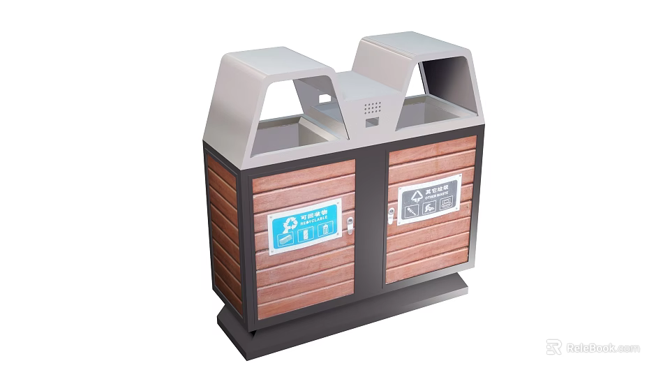 Public Double Compartment Trash Can With Wooden Panels Gray Lids And Classification Labels 3d model 