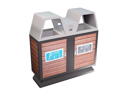 Public Double Compartment Trash Can With Wooden Panels Gray Lids And Classification Labels 3d model