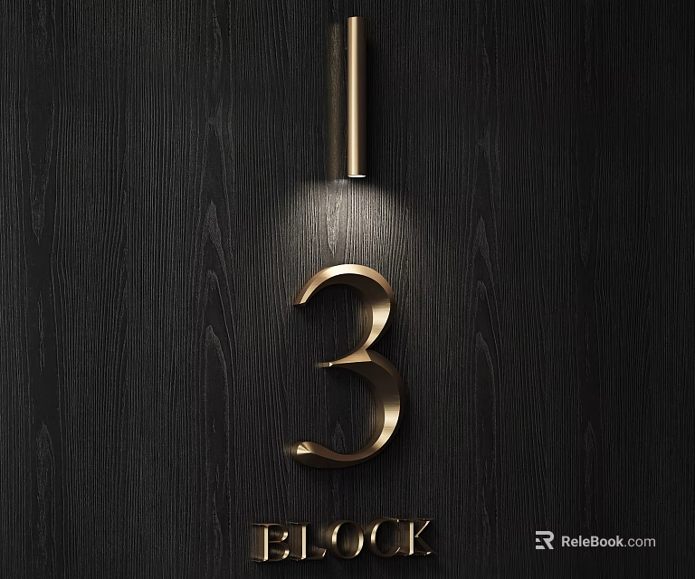 Gold Number 3 BLOCK Text Signage on Black Wood Grain Background with Illuminated Metal Rod 3d model 