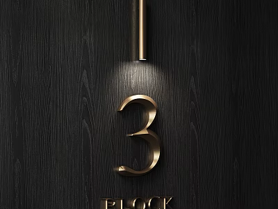 Gold Number 3 BLOCK Text Signage on Black Wood Grain Background with Illuminated Metal Rod 3d model