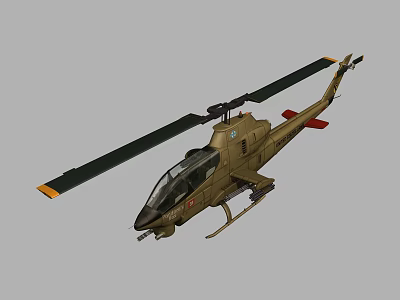 Brown Military Helicopter Featuring Green Rotors Yellow Tips Red Tail Fin And Weaponry 3d model