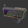 Futuristic Sci Fi Weapon With Metallic Design Purple Blue Accents Circular Components And Support Stand