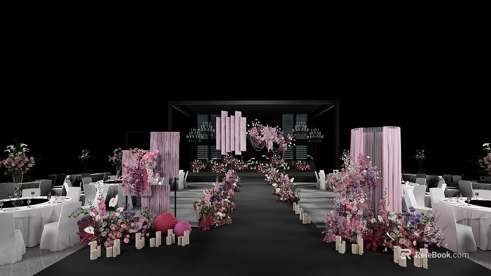 Elegant Banquet Hall With Pink Floral Aisle Decoration Drapes And Chandeliers For Wedding Event 3d model 