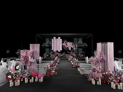 Elegant Banquet Hall With Pink Floral Aisle Decoration Drapes And Chandeliers For Wedding Event 3d model