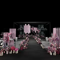 Elegant Banquet Hall With Pink Floral Aisle Decoration Drapes And Chandeliers For Wedding Event