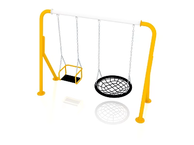 Playground Swing Set With Yellow Frame White Crossbar Two Swings Seat Swing And Net Swing 3d model