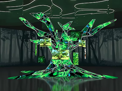Creative Tree Shaped Pillar Installation With Green Lighting And Forest Screens 3d model