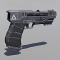 Futuristic Black Pistol With Vented Barrel Textured Grip And Symbol Design