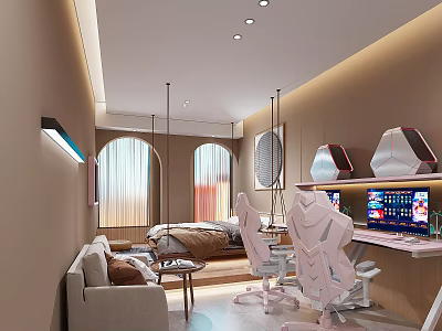 Modern Hotel Guest Room Interior With Sofa Bed Gaming Chairs Computers And Curtain Windows 3d model