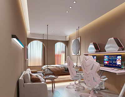 Modern Hotel Guest Room Interior With Sofa Bed Gaming Chairs Computers And Curtain Windows 3d model