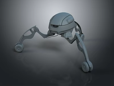 Gray Mechanical Game and Movie Character With Spherical Head And Four Wheeled Legs 3d model