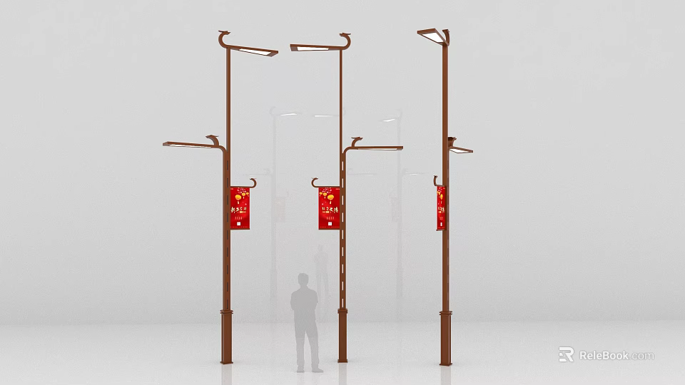 Outdoor Street Lights With Brown Poles And Red Signs Featuring Yellow Text 3d model 
