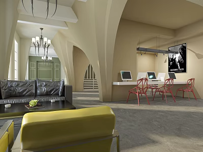 Modern Front Desk Reception Area With Computers Red Chairs Sofa Chandelier And Wall Painting 3d model