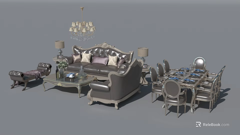 Elegant Sofa and Coffee Table Set With Carved Details Pillows Table Lamps and Chandelier 3d model 