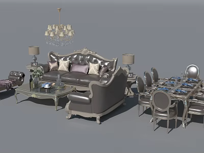 Elegant Sofa and Coffee Table Set With Carved Details Pillows Table Lamps and Chandelier 3d model