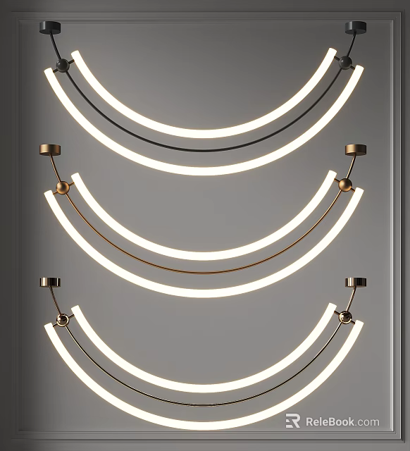 Three Curved Illuminated Chandeliers With Gold Brackets And White Lights On Grey Wall 3d model 