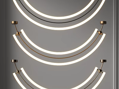Three Curved Illuminated Chandeliers With Gold Brackets And White Lights On Grey Wall 3d model