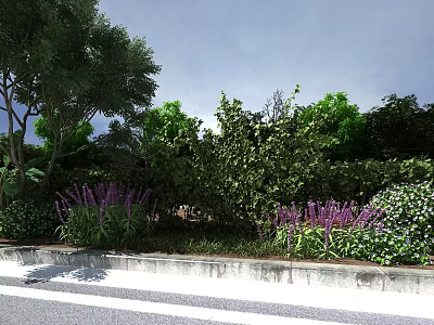 Lush Garden Landscape With Green Trees Shrubs Purple Flowers And Concrete Edge Under Blue Sky 3d model