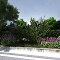 Lush Garden Landscape With Green Trees Shrubs Purple Flowers And Concrete Edge Under Blue Sky