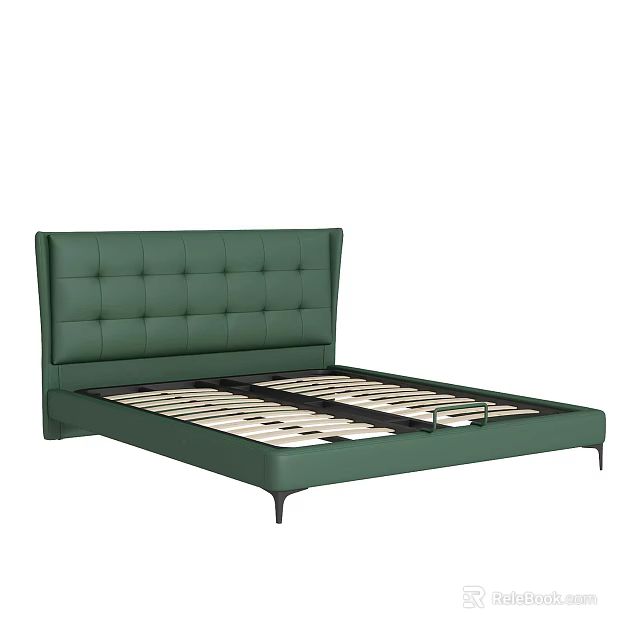 Green Button Tufted Upholstered Double Bed with High Headboard and Sturdy Frame 3d model 