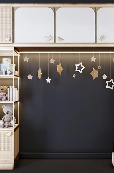 Modern Kids Wardrobe With Open Shelves Star Decor And Balloon Ornaments 3d model